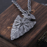 "Helm of Awe" and "Viking Vegvisir" Iron Color Viking spear Pendant Necklace with Stainless Steel Chain As Men Gift