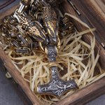 Gold Trimmed King Chain With Dragon Heads & Fenrir Pendant