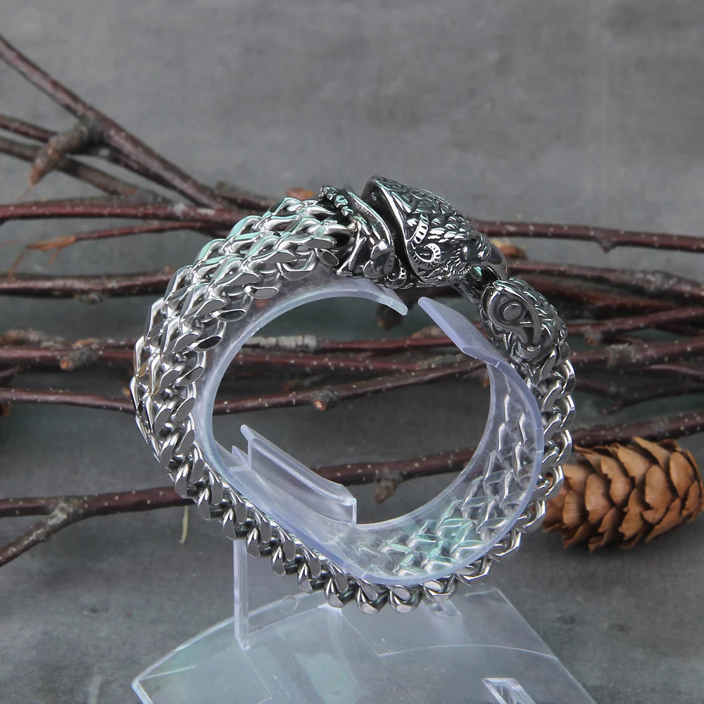 Never Fade Rock Viking Wolf Bracelet Men's Stainless Steel Mesh Chain Can Open Wolf Mouth Punk Bracelets Biker Jewelry