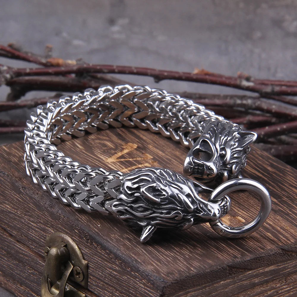 Never Fade Rock Viking Dragon Charm Bracelet Men's Stainless Steel Mesh Chain silver color Wolf Punk Bracelets Biker Jewelry