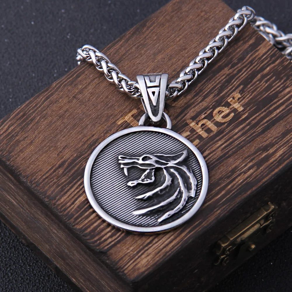the Wizard wolf head pendant necklace for Geralt with a The Wild Hunt 3 Figure TV