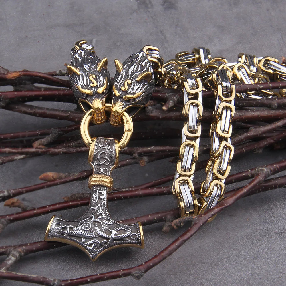 Gold Trimmed King Chain With Dragon Heads & Fenrir Pendant