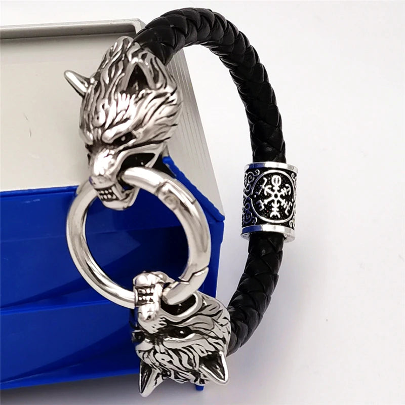Viking rune bead Wolf Head Bracelet Stainless Steel Animal head Leather Bracelet For Women men gift