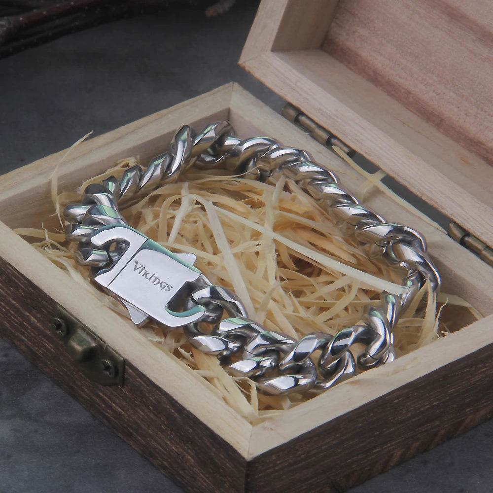 Never Fade Stainless Steel Vikings Bracelets For Men Blank Color Punk Curb Cuban Link Chain Bracelets with gift wooden box