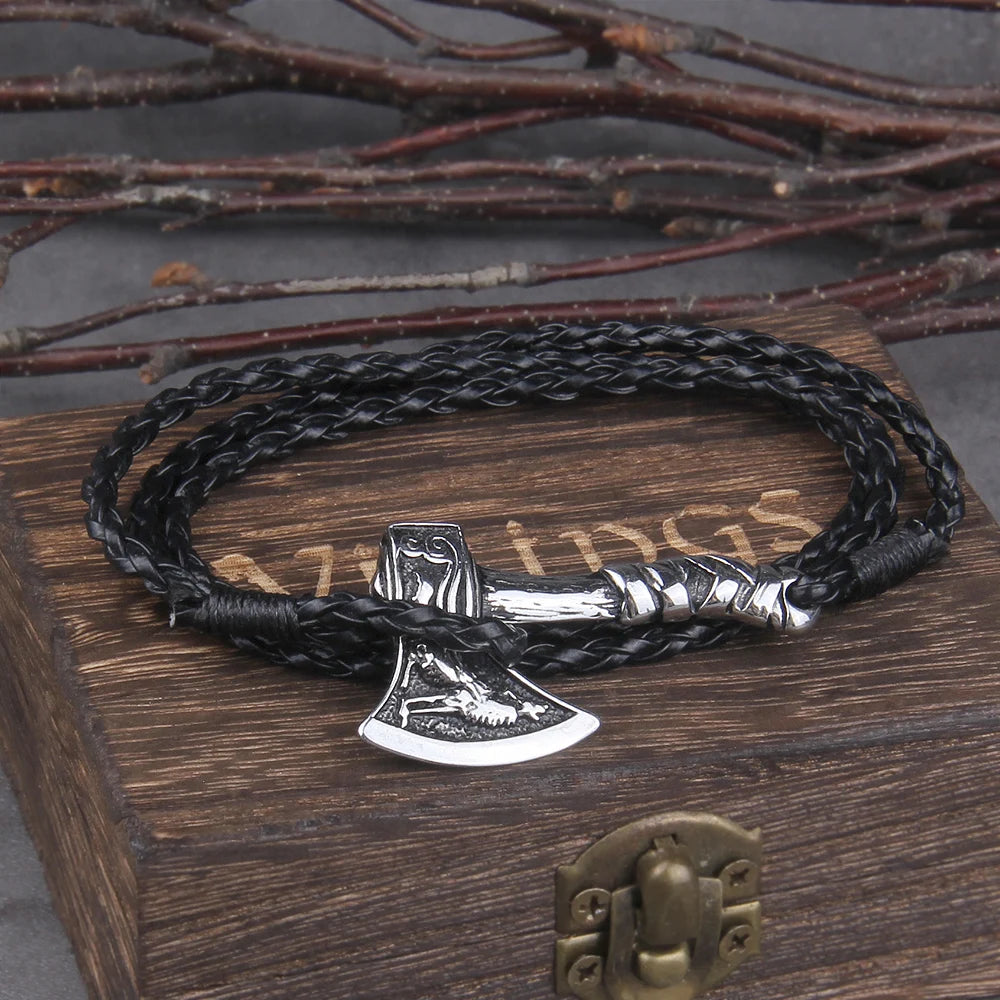 Men's Jewelry Axe Wrap Viking Bracelet Men's Leather Accessories Silver Color Hatchet Handmade Pirate Bracelet For Male
