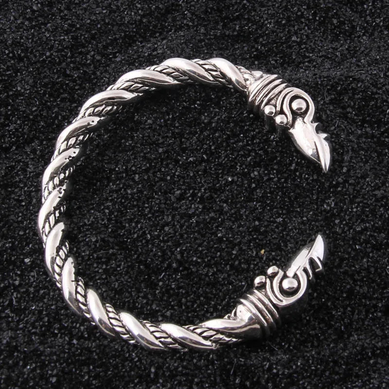 S925 Sterling Silver Norse Viking rune Raven Bangle with wood box as men or women gift