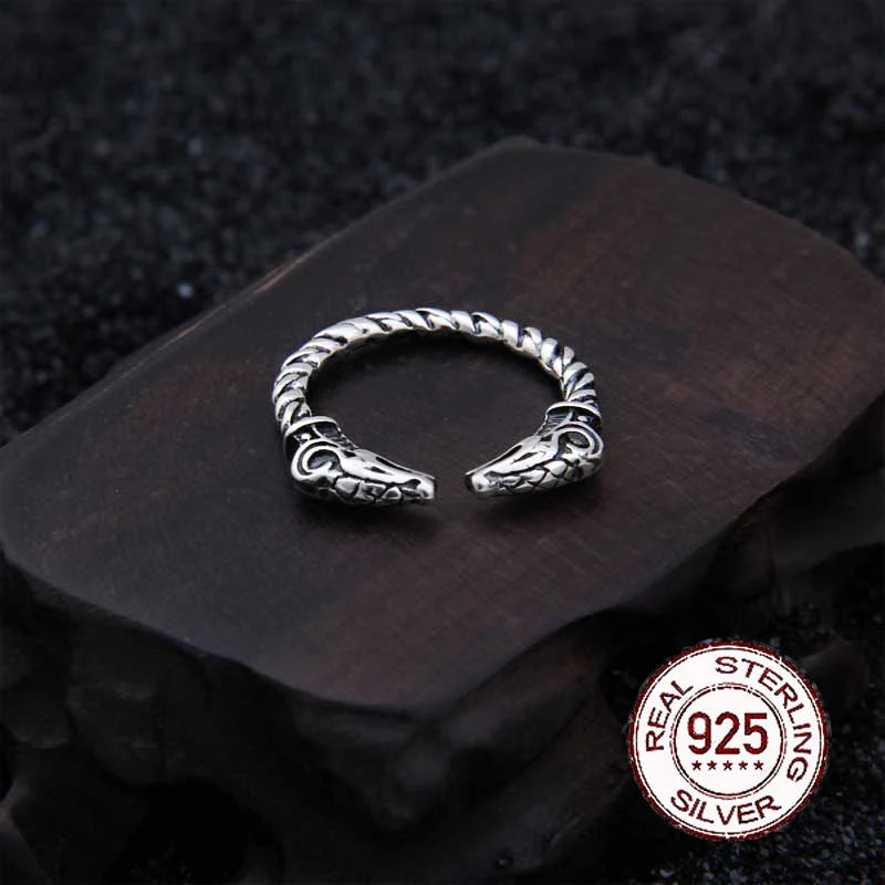 S925 Sterling Silver Viking Adjustable Goat Twist Ring with vintage viking wood box