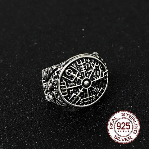 925 sterling silver Viking Vegvisir rune Shield adjustable ring with vintage viking wood box as gift