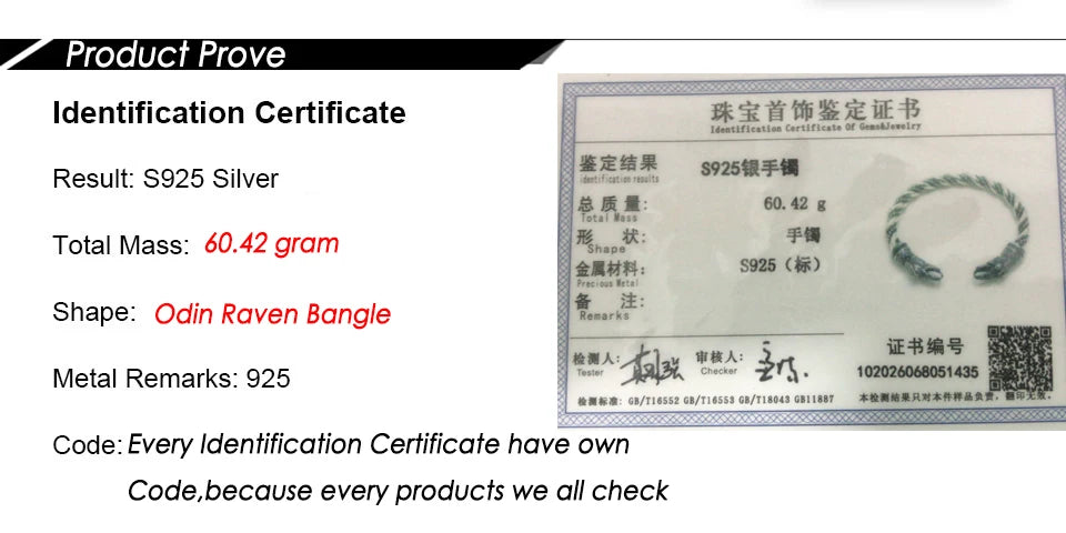 S925 Sterling Silver Viking Odin Raven Bangle with wood box as gift for men or women