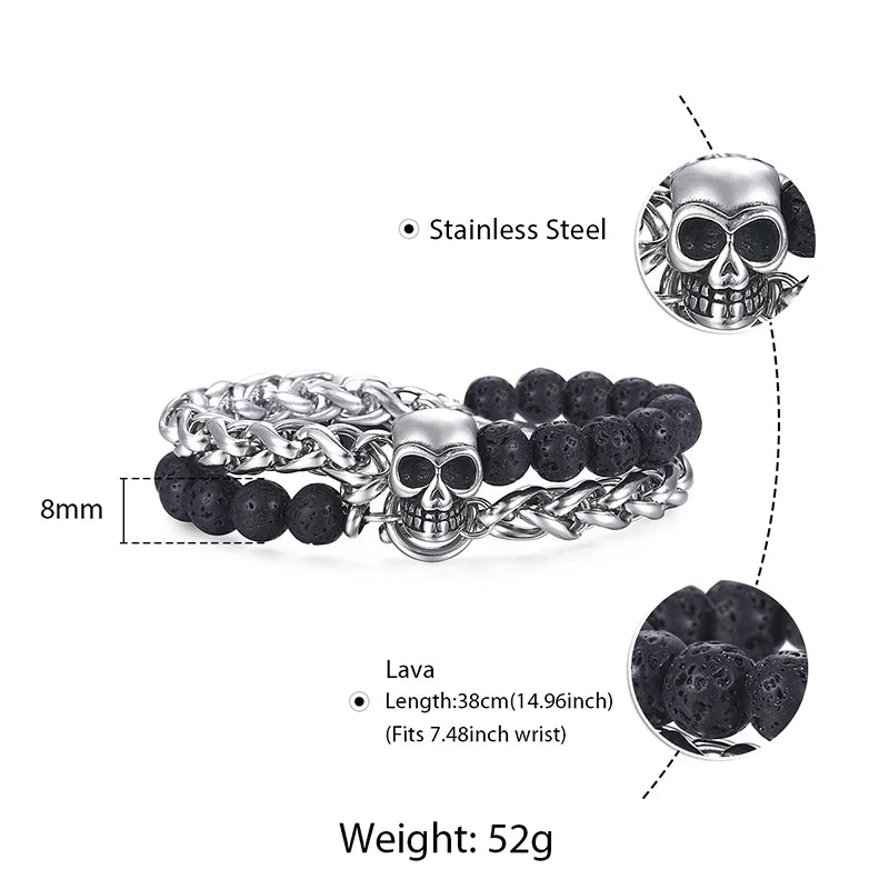 Black Lava Beaded Bracelet for Men Stainless Steel Double Layered Wheat Link Skull Charm Bracelets Male Halloween Jewelry LDB183