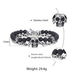 Black Lava Beaded Bracelet for Men Stainless Steel Double Layered Wheat Link Skull Charm Bracelets Male Halloween Jewelry LDB183