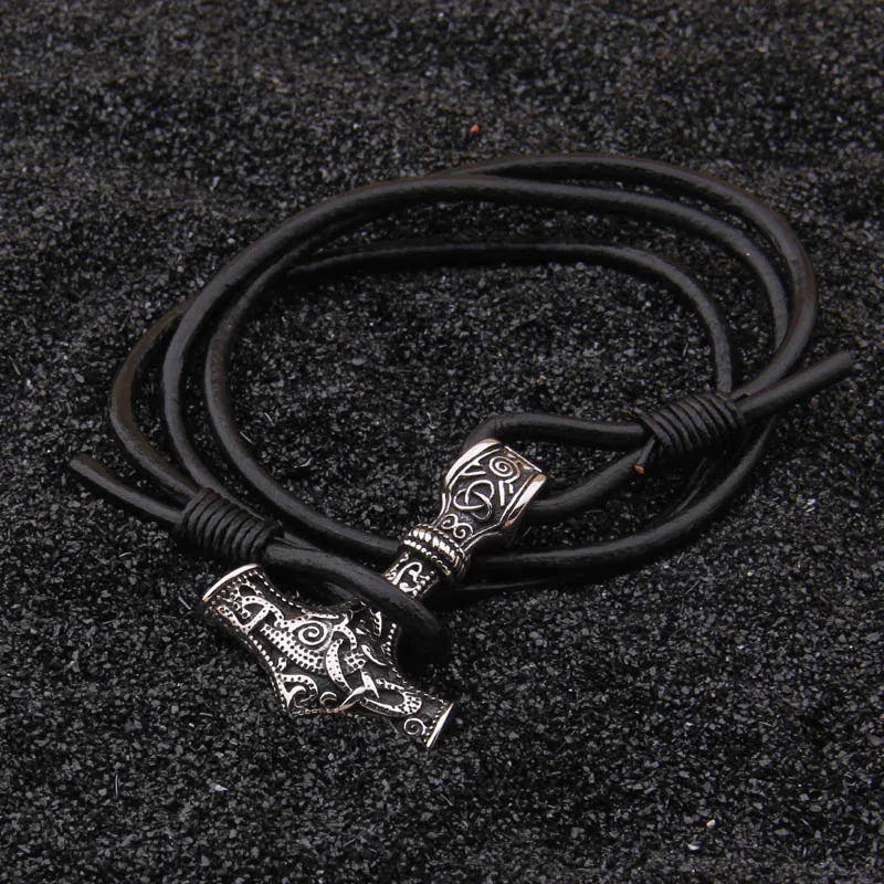 Dropshipping Stainless steel Viking thor hammer pendant hand made really leather Bracelet for men gift