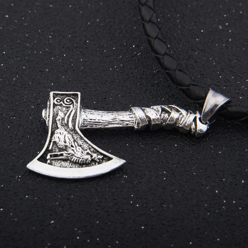 Dropshipping antique silver color viking wolf and odin raven ax pendant necklace as birthday gift