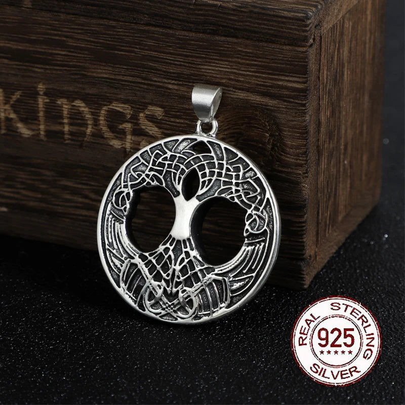 S925 sterling silver Norse Life of tree necklace with cow leather chain and keel chain and wood box as gift