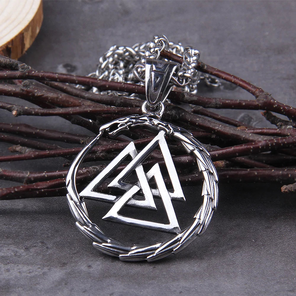 Never Fade Men Stainless steel Viking Self-devourer Ouroboros Valknut Amulet dragon Pendant Necklace with vikings wooden box