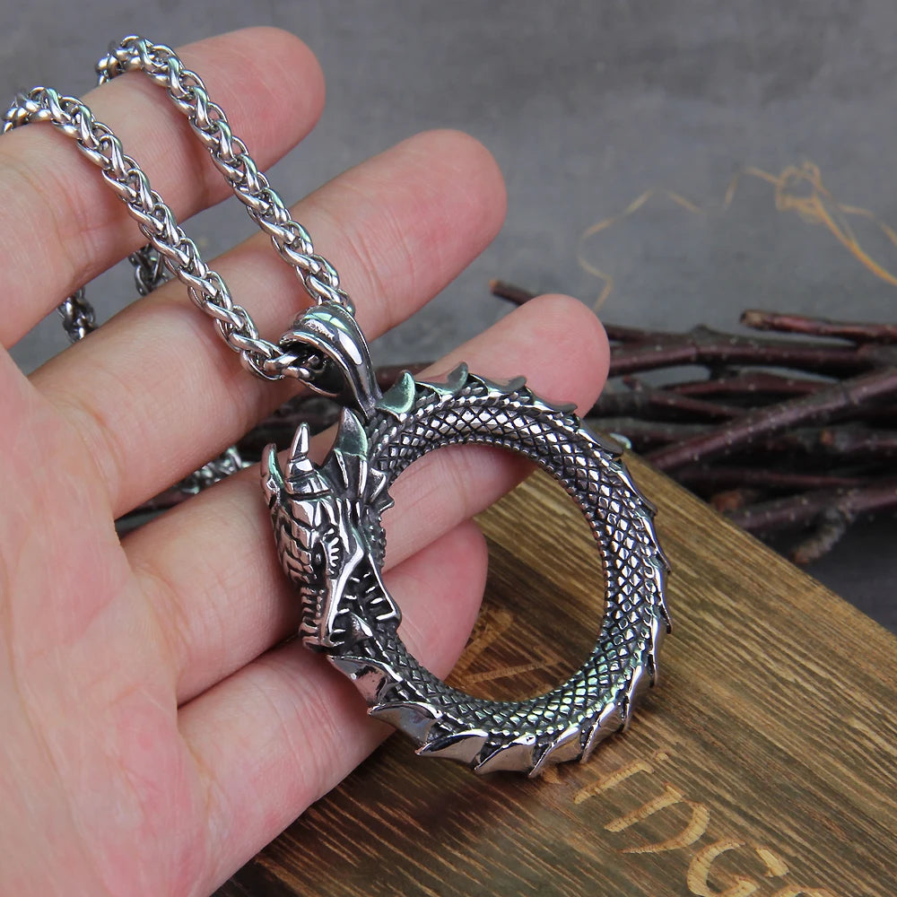 Never Fade Men Stainless steel Viking Self-devourer Ouroboros Valknut Amulet dragon Pendant Necklace with vikings wooden box