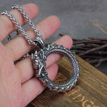 Never Fade Men Stainless steel Viking Self-devourer Ouroboros Valknut Amulet dragon Pendant Necklace with vikings wooden box