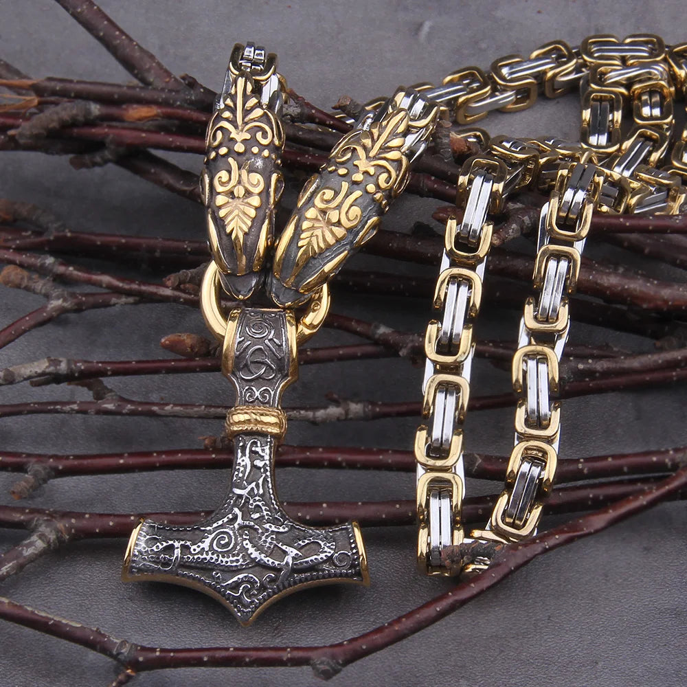 Gold Trimmed King Chain With Dragon Heads & Fenrir Pendant