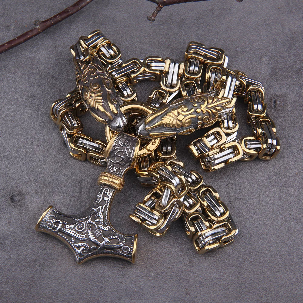 Gold Trimmed King Chain With Dragon Heads & Fenrir Pendant