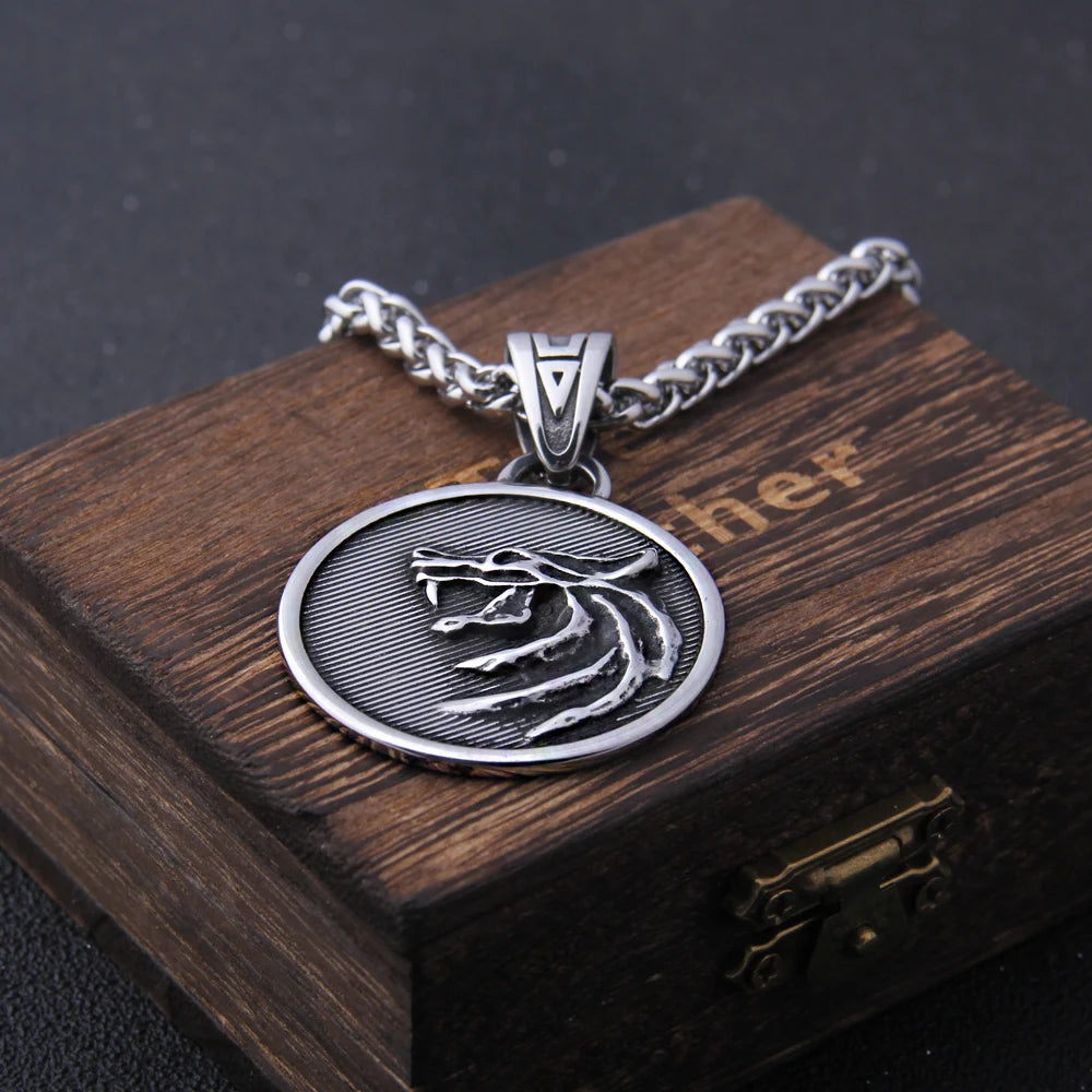 the Wizard wolf head pendant necklace for Geralt with a The Wild Hunt 3 Figure TV