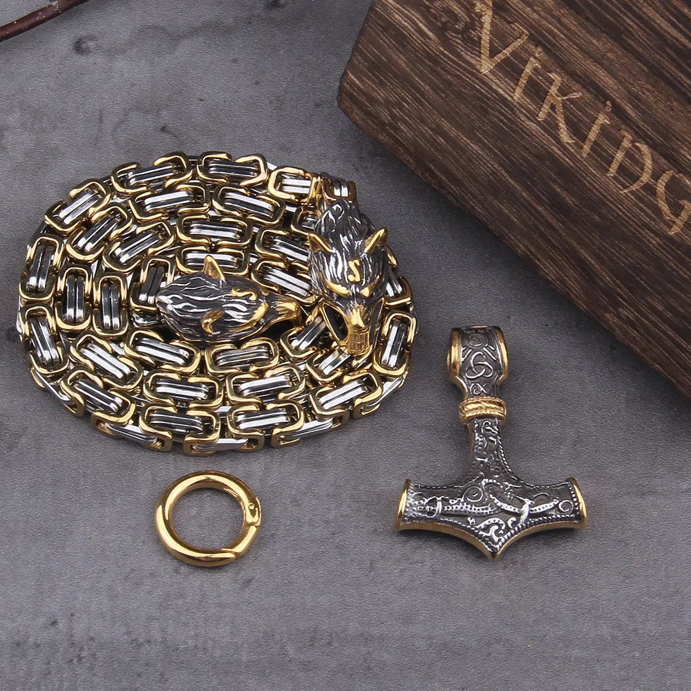 Gold Trimmed King Chain With Dragon Heads & Fenrir Pendant
