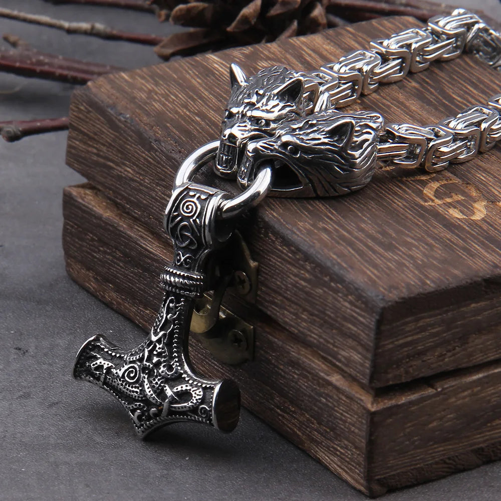 Gold Trimmed King Chain With Dragon Heads & Fenrir Pendant