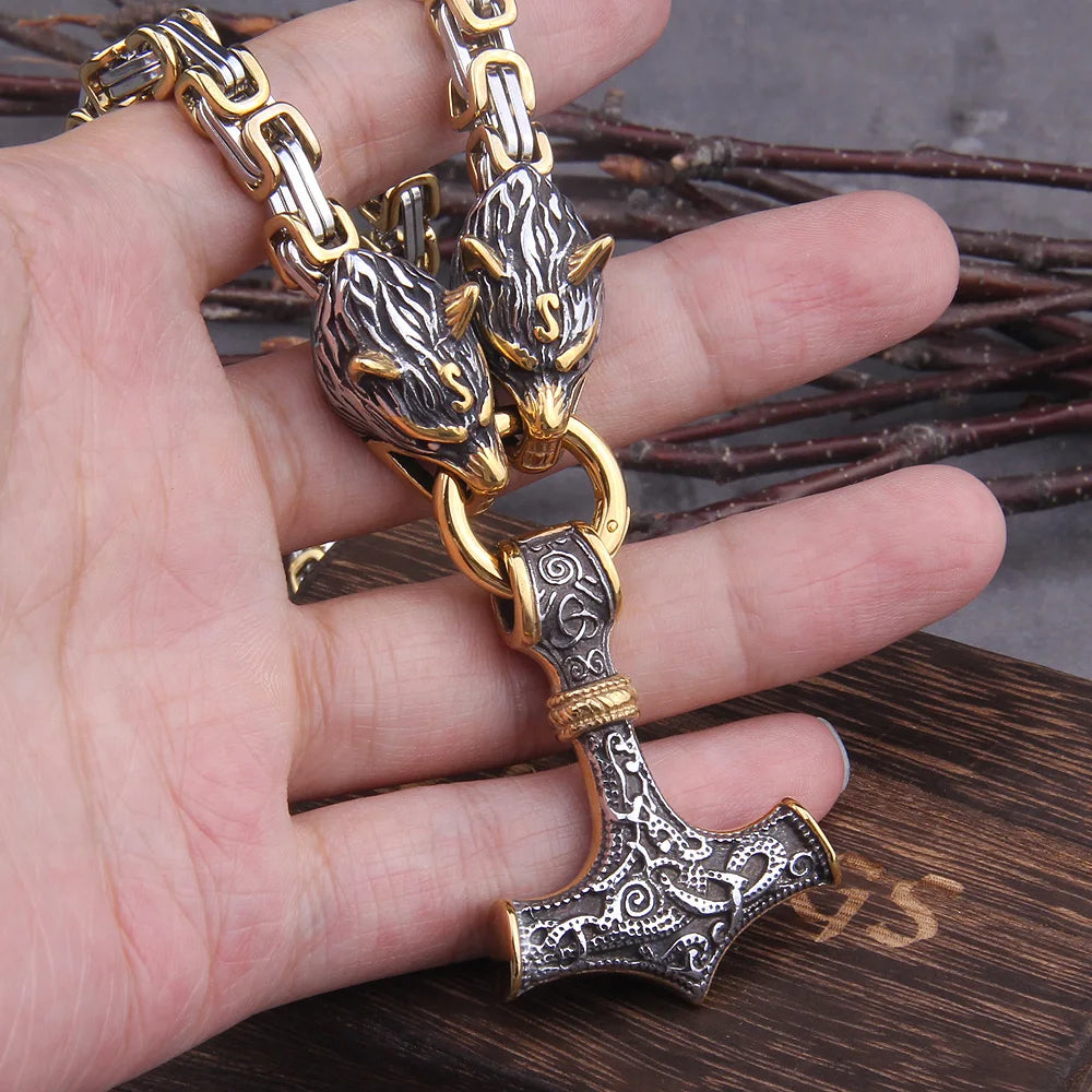 Gold Trimmed King Chain With Dragon Heads & Fenrir Pendant