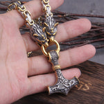 Gold Trimmed King Chain With Wolf Heads & Fenrir Pendant