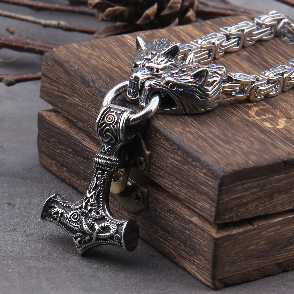 Gold Trimmed King Chain With Wolf Heads & Fenrir Pendant