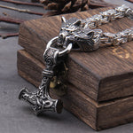 Never Fade Men stainless steel Wolf head norse viking amulet thor hammer pendant necklace viking king chain