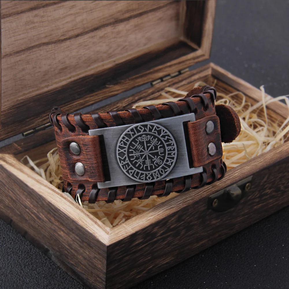 Charm Wide Leather Bracelet Men Punk Braided Rope Alloy Cuff Bangle Male Wristband Viking Bracelet Mens Jewelry with wood box