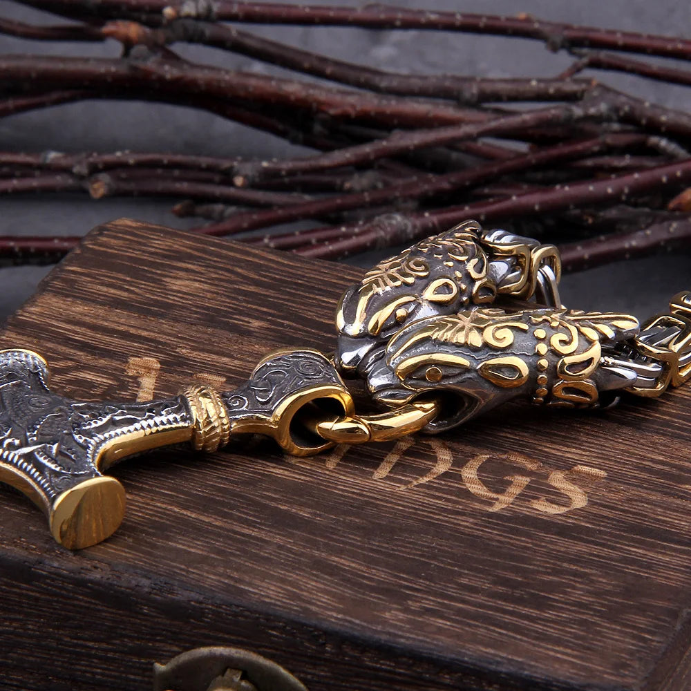 Gold Trimmed King Chain With Dragon Heads & Fenrir Pendant