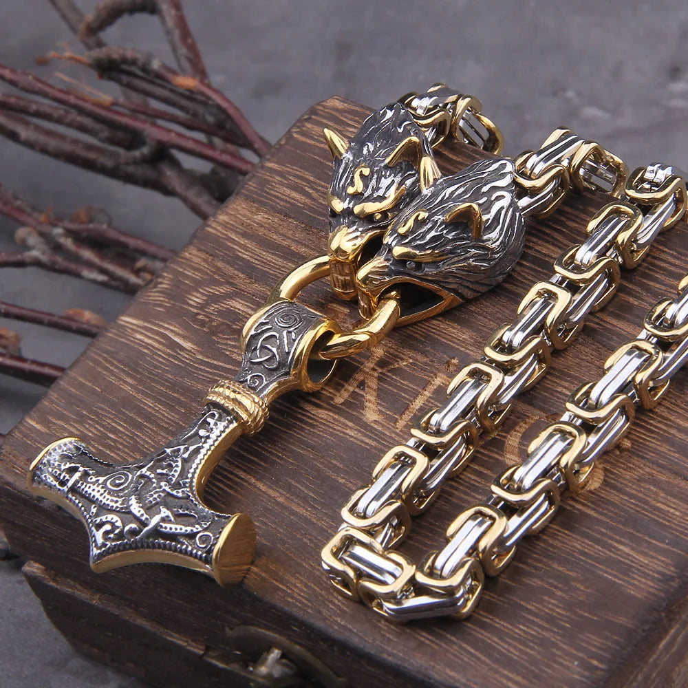 Gold Trimmed King Chain With Wolf Heads & Fenrir Pendant