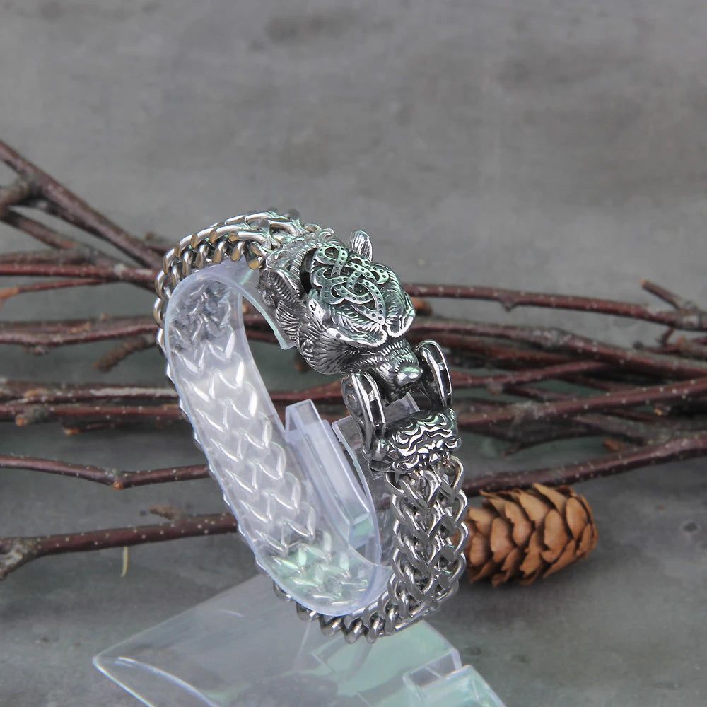 Never Fade Rock Viking Wolf Bracelet Men's Stainless Steel Mesh Chain Can Open Wolf Mouth Punk Bracelets Biker Jewelry