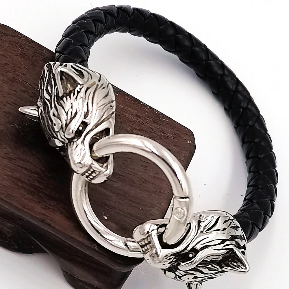 Viking rune bead Wolf Head Bracelet Stainless Steel Animal head Leather Bracelet For Women men gift