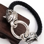 Viking rune bead Wolf Head Bracelet Stainless Steel Animal head Leather Bracelet For Women men gift