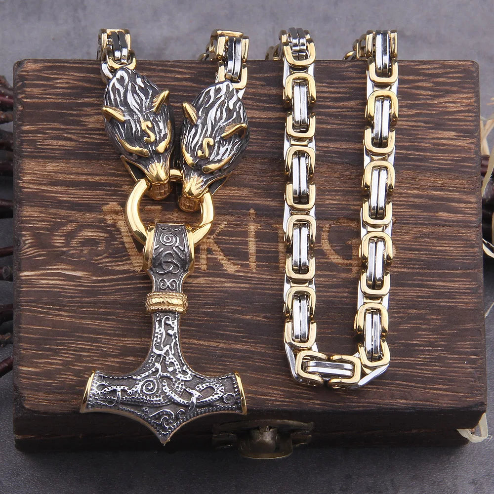 Gold Trimmed King Chain With Dragon Heads & Fenrir Pendant