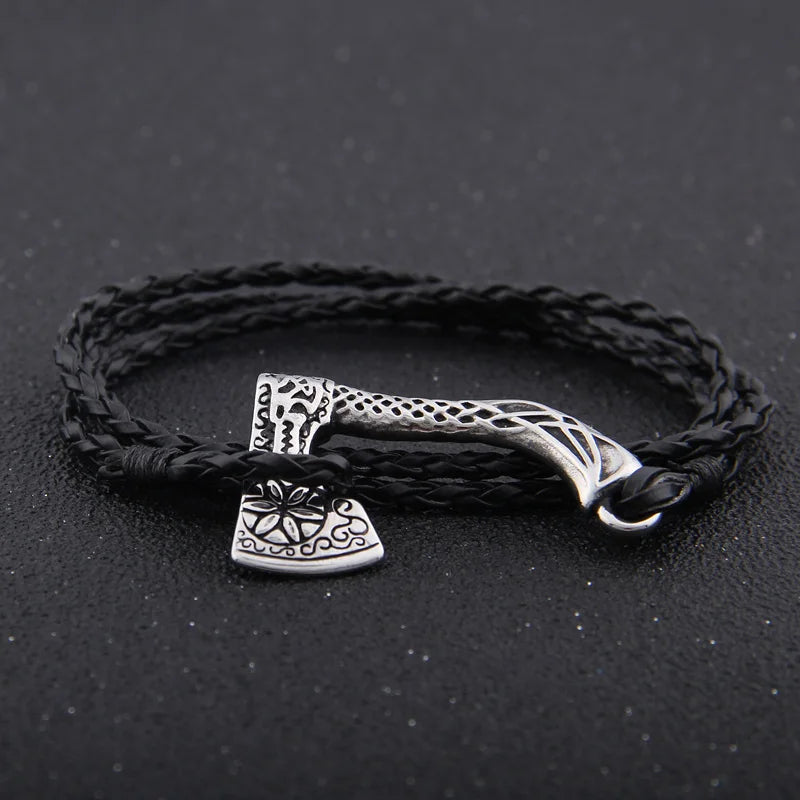 Men's Jewelry Axe Wrap Viking Bracelet Men's Leather Accessories Silver Color Hatchet Handmade Pirate Bracelet For Male