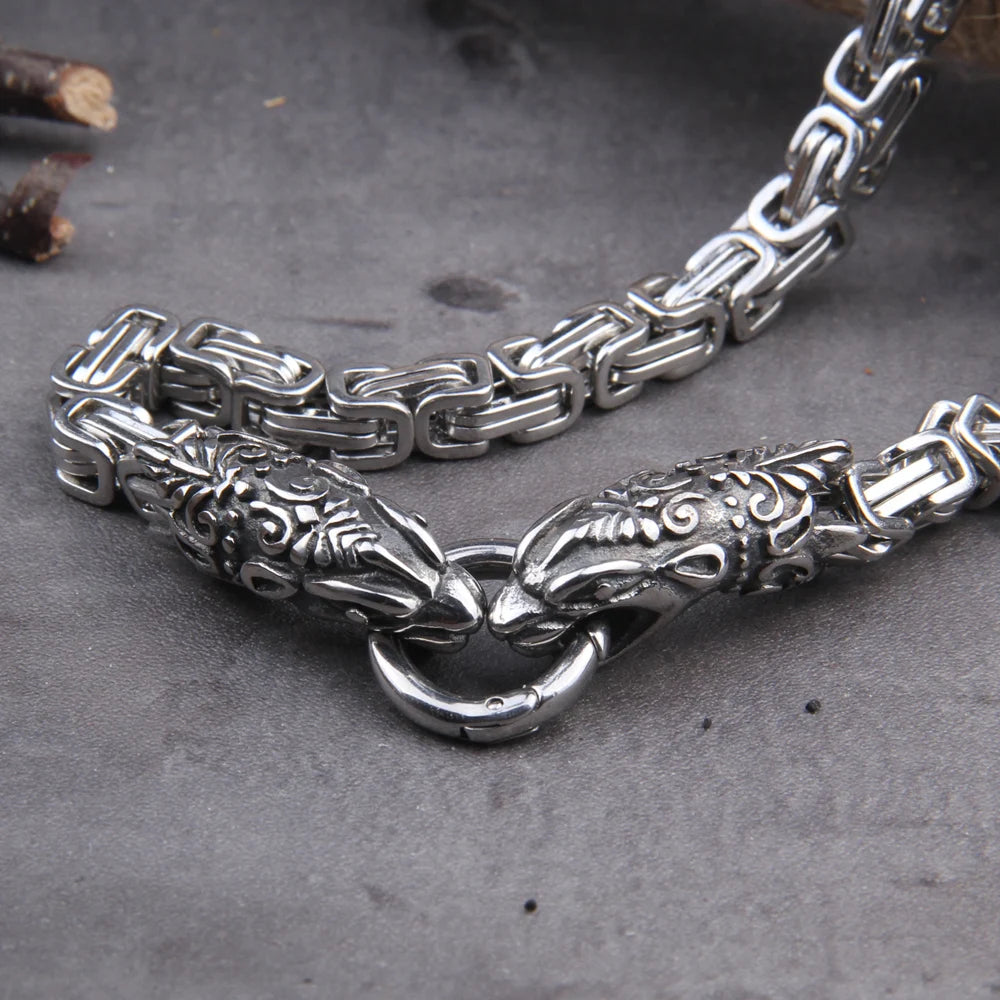 Gold Trimmed King Chain With Dragon Heads & Fenrir Pendant