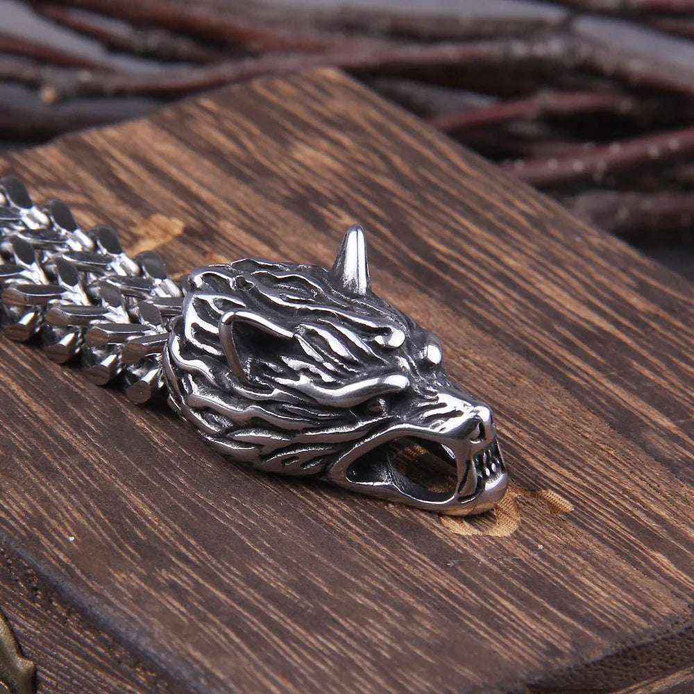 Never Fade Rock Viking Dragon Charm Bracelet Men's Stainless Steel Mesh Chain silver color Wolf Punk Bracelets Biker Jewelry