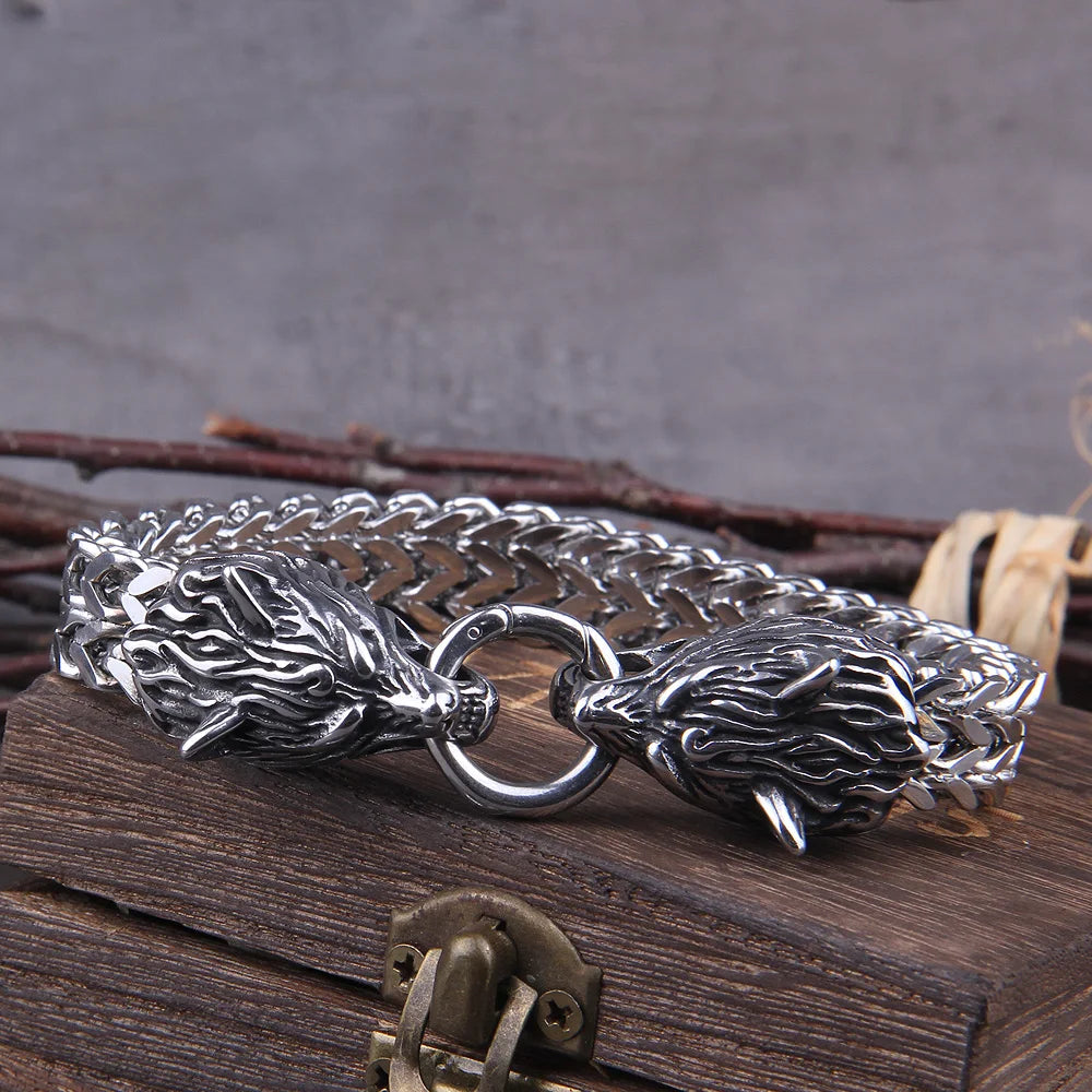 Never Fade Rock Viking Dragon Charm Bracelet Men's Stainless Steel Mesh Chain silver color Wolf Punk Bracelets Biker Jewelry