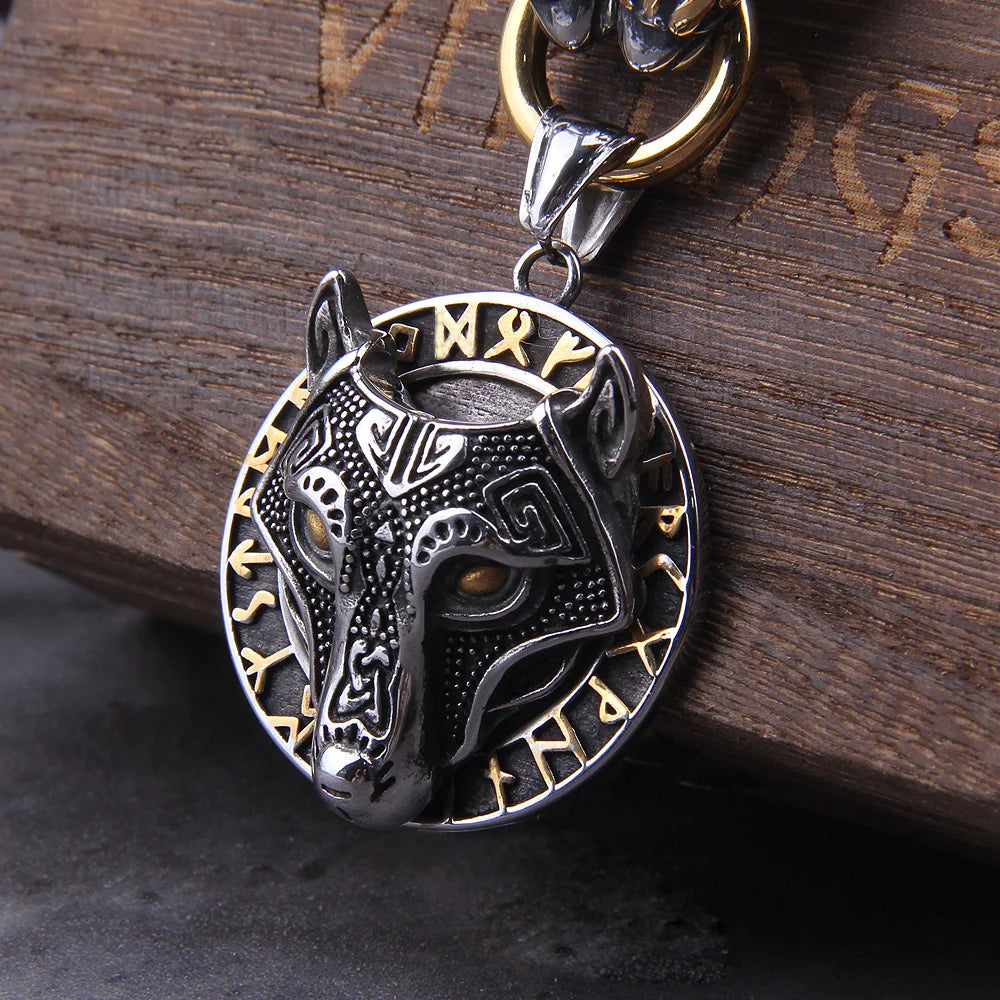 Gold Trimmed King Chain With Dragon Heads & Fenrir Pendant