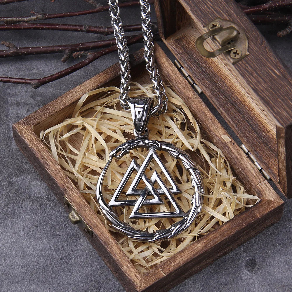 Never Fade Men Stainless steel Viking Self-devourer Ouroboros Valknut Amulet dragon Pendant Necklace with vikings wooden box