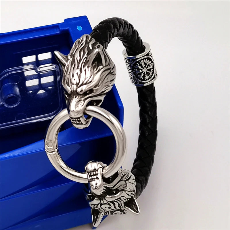 Viking rune bead Wolf Head Bracelet Stainless Steel Animal head Leather Bracelet For Women men gift