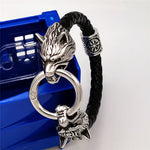 Viking rune bead Wolf Head Bracelet Stainless Steel Animal head Leather Bracelet For Women men gift