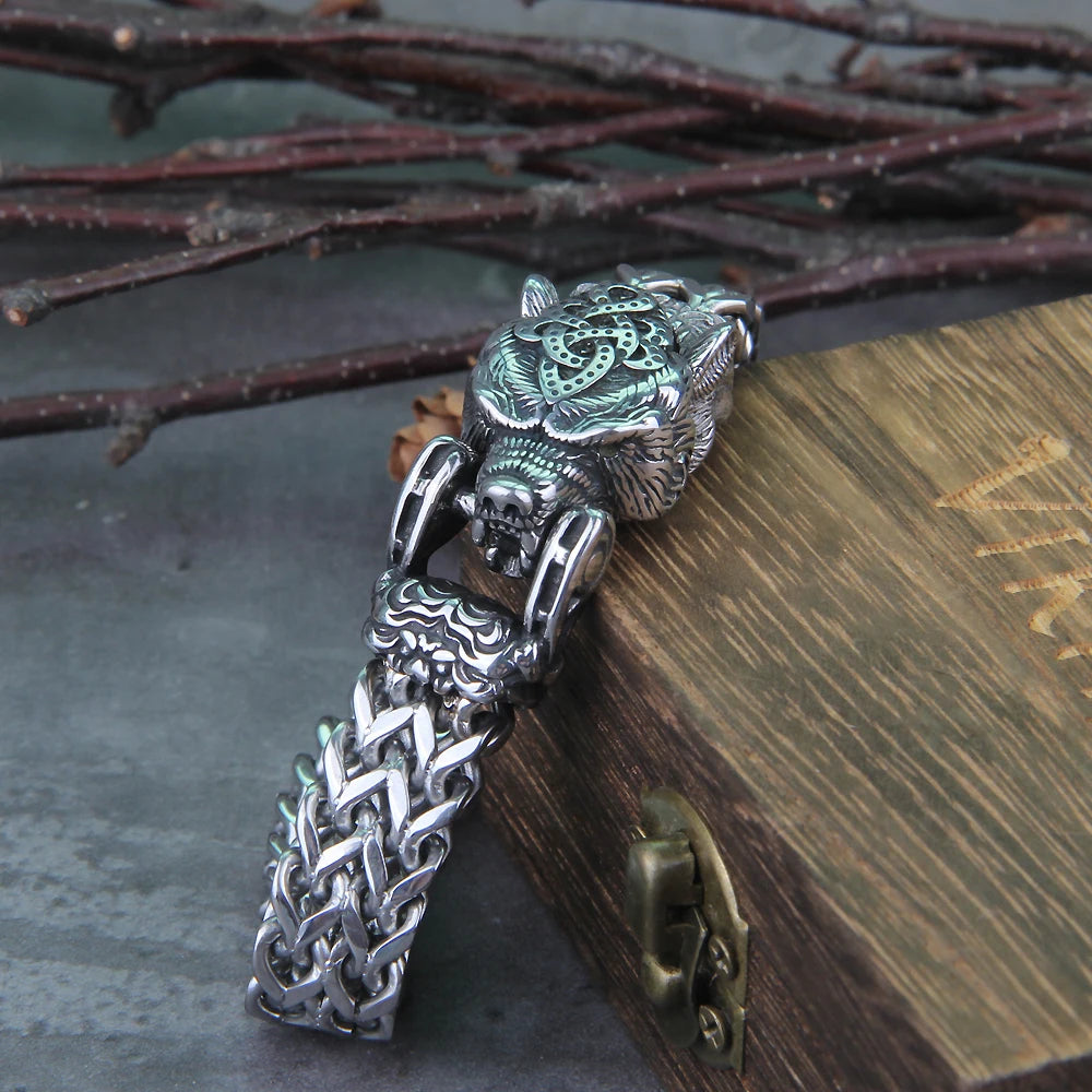 Never Fade Rock Viking Wolf Bracelet Men's Stainless Steel Mesh Chain Can Open Wolf Mouth Punk Bracelets Biker Jewelry
