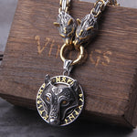 Gold Trimmed King Chain With Dragon Heads & Fenrir Pendant