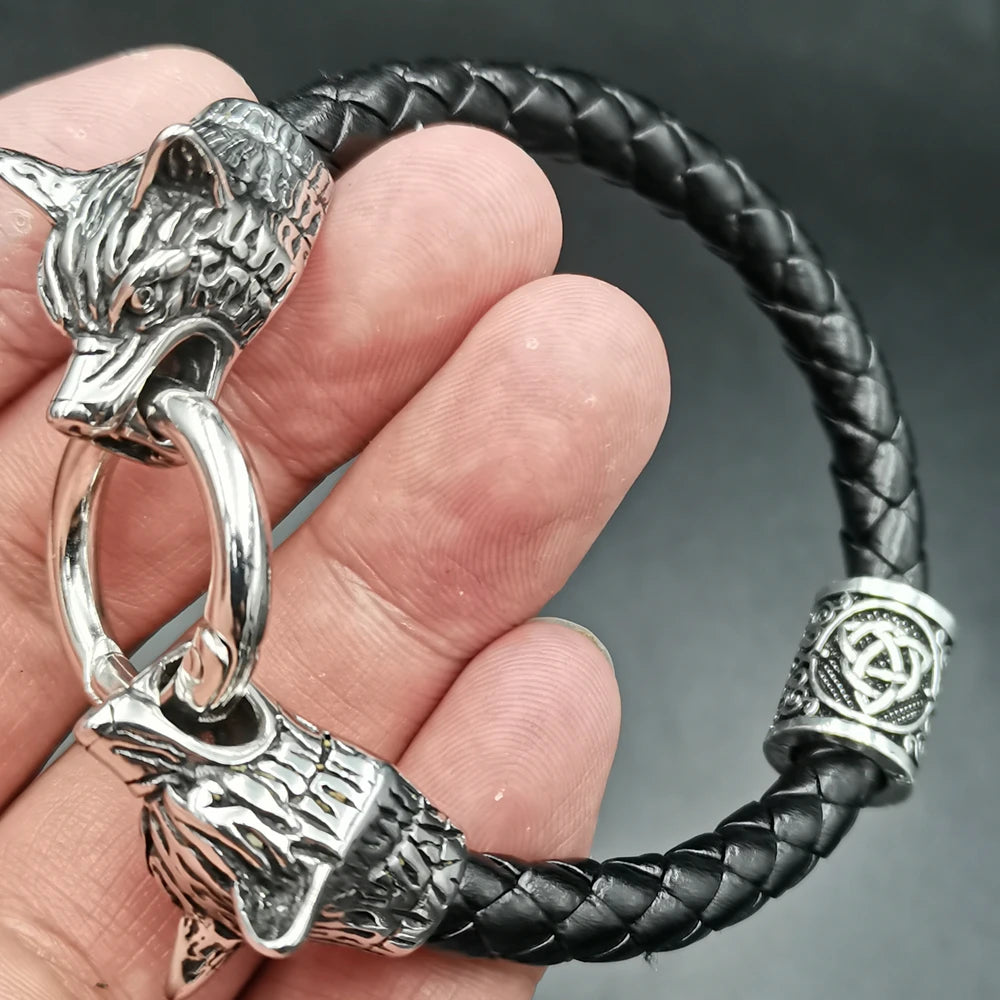 Viking rune bead Wolf Head Bracelet Stainless Steel Animal head Leather Bracelet For Women men gift