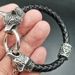 Viking rune bead Wolf Head Bracelet Stainless Steel Animal head Leather Bracelet For Women men gift