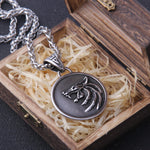 the Wizard wolf head pendant necklace for Geralt with a The Wild Hunt 3 Figure TV